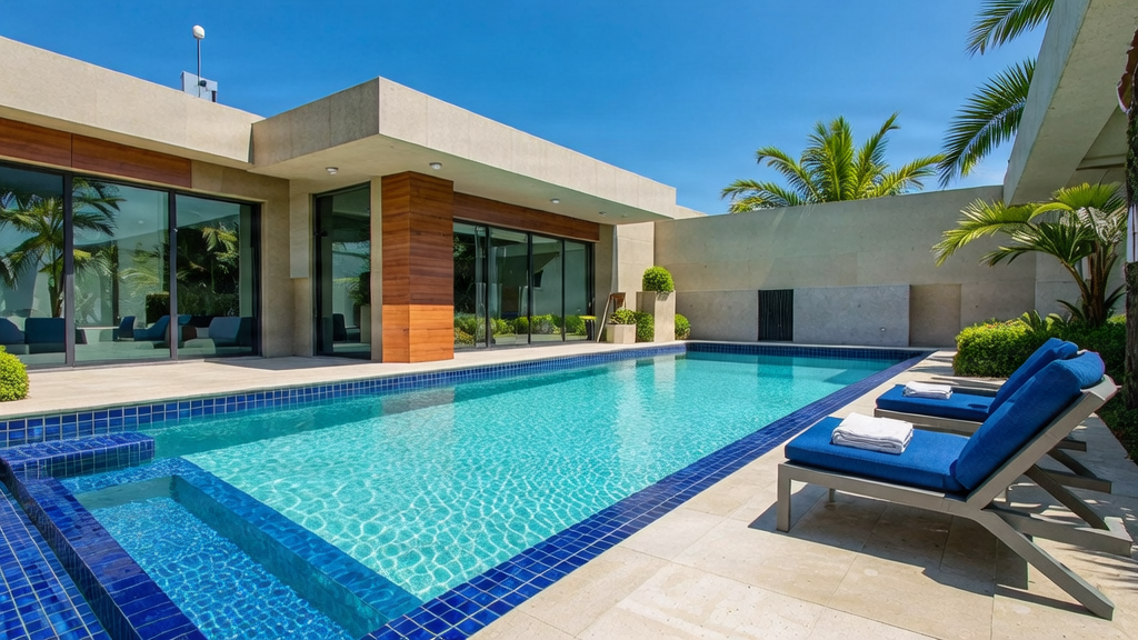 Luxury swimming pool in a modern Nigerian villa with royal blue accents.