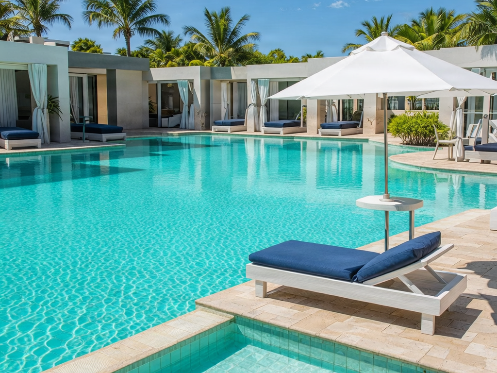 Large commercial swimming pool at a hotel or resort.